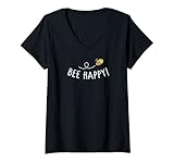Damen Bee happy - bee dying environmental protection bee beekeeper T-Shirt mit V-Ausschnitt