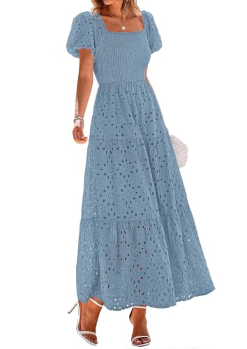 Image of PRETTYGARDEN Summer Dresses for Women 2026 Eyelet Square Neck Puff Sleeve Smocked Wedding Guest Maxi Dress with Pockets