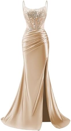 ForElise Spaghetti Straps Satin Prom Dresses for Women Beaded Mer...