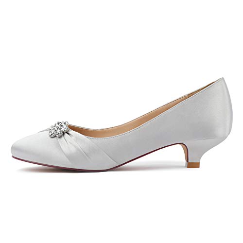 Image of ERIJUNOR Women Closed Toe Comfort Kitten Heels Rhinestones Satin Wedding Evening Dress Shoes