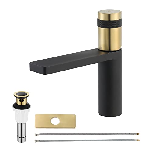 EZANDA Brass Single Handle Bathroom Faucet with Deck Plate, Pop-up Sink Drain Assembly & Faucet Supply Lines,Matte Black with Brushed Gold,1416410