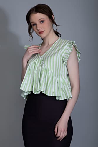 Image of Leriya Fashion Women's Western Regular Fit Crop Tops | Fancy Stripped with Ruffle Sleeves | Button Down Lightweight Cotton for Girls | Suitable for College Office Casual Wear for Ladies