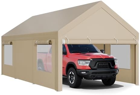 JY QAQA Carport, 12x20 FT Heavy Duty Carport with Removable Side Walls and Doors, Portable Garage with Roll-Up Window and Sandbags, Car Canopy with All-Season Tarp for Cars, Boats, Trucks, Khaki