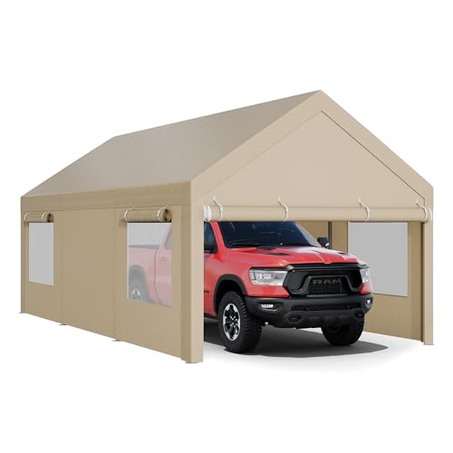 JY QAQA Carport, 12x20 FT Heavy Duty Carport with Removable Side Walls and Doors, Portable Garage with Roll-Up Window and Sandbags, Car Canopy with All-Season Tarp for Cars, Boats, Trucks, Khaki