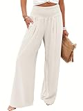 ANRABESS Women Palazzo Pants Summer Flowy Wide Leg High Waist Lounge Trousers with Pockets 2026 Casual Beach Vacation Outfits Beige Large