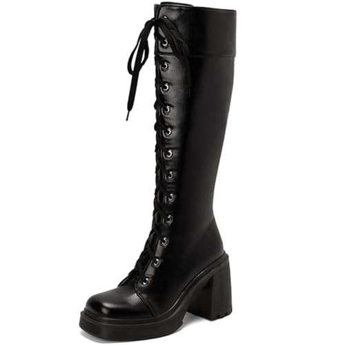 Smilice Stivali al ginocchio da donna Punk, con lacci, 9,5 cm, tacco da 3 cm, con plateau, Nero , 37 EU