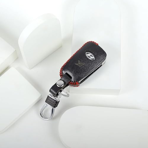 Image of Leather Smart Car Key Cover Case with Metal Hook Keychain for i Old I 20, Old Verna, Old Elentra (Black)