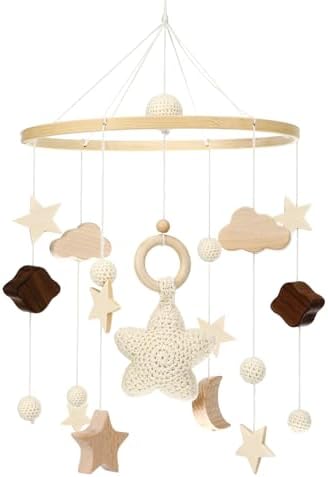 Litimkat Mobile babybett,Mit gehäkelten Sternen,Monden und Wolken hängenden | Dekorationen Baby Mobile für das Bett Holz Mobile Baby Windspiel,Geschenk für Baby Mädchen oder Jungen