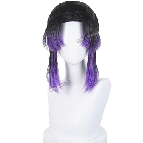 Image of Shinobu Kochou Cosplay Wig + Butterfly Short Black and Purple Anime Wigs | Purple Wigs with Bangs & Bun Warrior Costume DS Wigs Synthetic Hair for Women Halloween Party