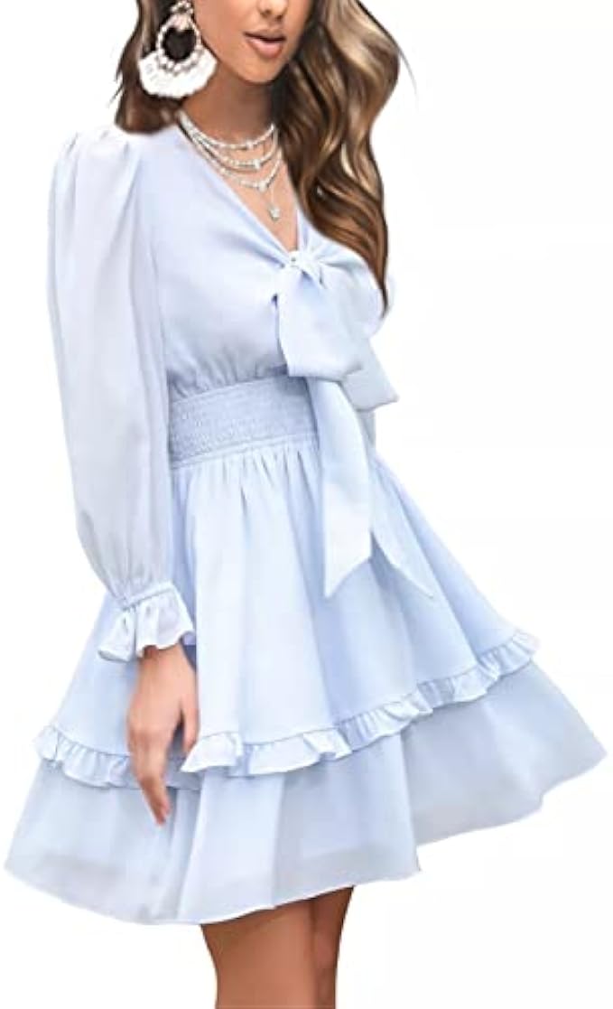 EXLURA Women Tie Front Elastic Waist Tiered Ruffle Layer Floral Balloon Long Sleeve V-Neck A-Line Mini Dress