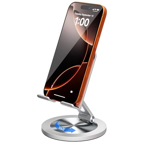YCNEW 360 Rotating Phone Holder for Desk, Dual-Adjustable Foldable Heavy-Duty Bases Aluminum Phone Stand Compatible with iPhone 17 16 15 14 13 12 11 Series, Galaxy, 4-8