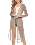 Totatuit Long Summer Cardigan for Women Lightweight Open Front Tops Solid Duster Swimwear Beach Cover Up Khaki