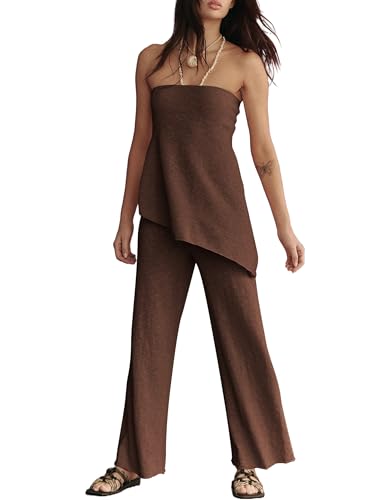 Image of Women Summer Knit Sweater Sets Sexy Tube Top and Loose Pant Lounge Matching Set 2025 2 Piece Outfits