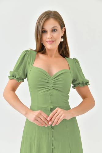 Image of Shasmi Girl's & Women's Solid Midi Dress - Elegant Square Neck Button-Down Dress with Puff Short Sleeves | Stylish Casual & Party & Office Wear Outfit (Dress 105)