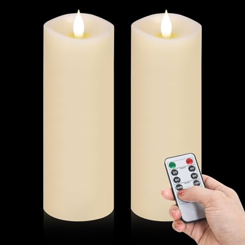 Image of 2PCS, 3 x 8 inches Flameless Candle with Remote Control, 3D Flickering Wick, Real Wax, Battery Candles,with Timer,Battery Powered Candles,for Holiday Home Decor,Ivory