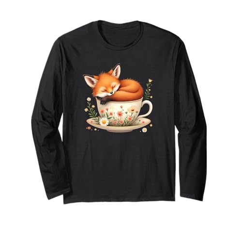 Cottagecore Floral Cute Fox Tea Cup Cool Long Sleeve T-Shirt