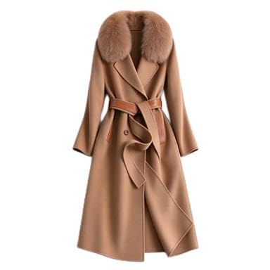 Women's Long Camel Wool Coat with Faux Fur Collar, Belted Wrap Winter Overcoat, Elegant Maxi Trench Coat with Pockets winter coats for women