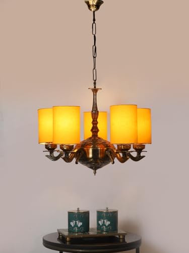 Image of Devansh 05 Lights Yellow Round Cotton Shade with Antique Golden Chandelier