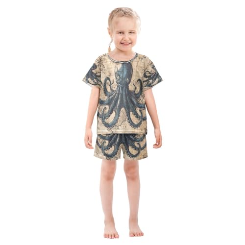 ALAZA Octopus Nautical Map Vintage Stylish Pajamas Set Short Sleeve Cotton Sleepwear Summer Pjs 2 Piece 5-14Y3