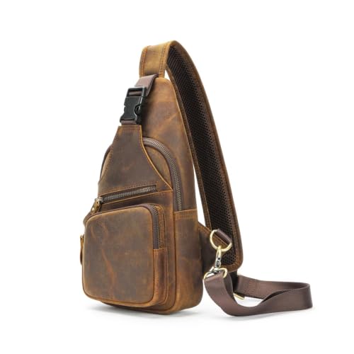 NIUCUNZH Bolsa tiracolo de couro genuíno com fecho de metal, feita à mão, vintage, mochila de ombro para mulheres e homens, Cavalo louco, Medium, Vintage