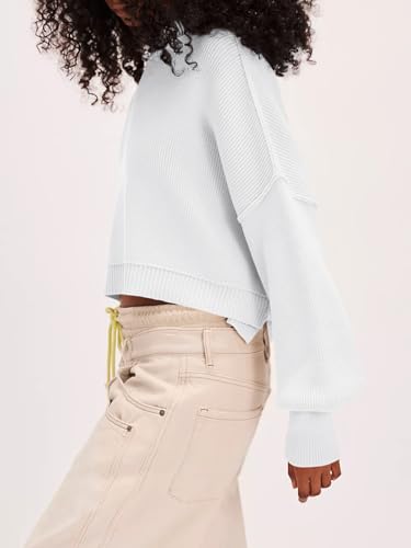 Yesfashion Womens Oversized Cropped Sweaters Crewneck Long Lantern Sleeve Side Split Ribbed Knit Pullover Sweater Tops3