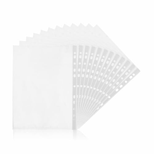 A4 Punched Pockets 20 Micron Folders Plastic Wallets Clear Punch Pockets Filing Envelope Wallets Transparent Sleeves Polypropylene Pockets for Lever Arch Documents Ring Binders 30.2cm X 23.3cm (50Pc)