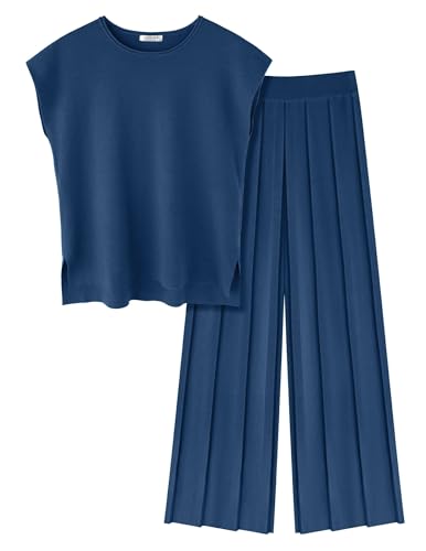 Image of Ekouaer Lounge Sets for Women Two Piece Outfits Knit Cap Sleeve Tops Wide Leg Pleated Pants Casual Dressy Sweater Sets