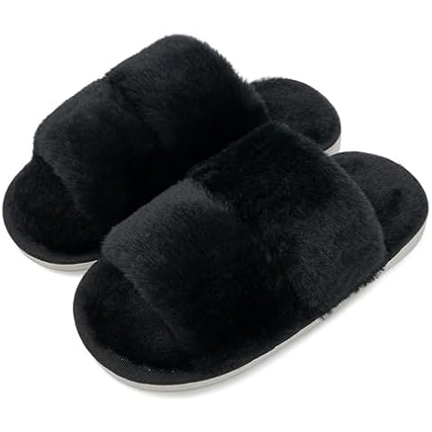 Eichzhushp Boys Girls Fuzzy Fluffy Slippers Soft Comfy House Home Warm Fur Slides Plush Open Toe Indoor Slip On for Kids Cover