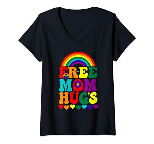 Womens Free Mom Hugs For Pride Month LGBT V-Neck T-Shirt