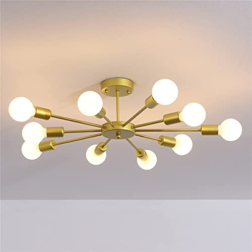 JIINOO Flush Mount Ceiling Light,Modern Gold Chandeliers,10-Light E27 Base Industrial Semi Ceiling Pendant Lights Fixture for Bedroom Living Room Kitchen Farmhouse Art Exhibition Hall