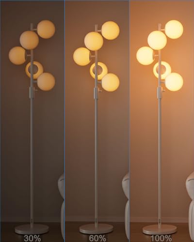 Image of 64IN Dimmable White Floor Lamp, Tall Standing Lamps with 5 Globe Soft Warm White Eye Care 3000K G9 Bulbs, Mid Century Modern Floor Lamp for Living Room Bedroom Office