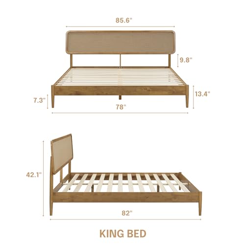 Image of NTC Lupin Wooden Bed Frame with Headboard, Solid Oak and Rubber Wood Foundation with Silent Slats and Wood Central Supports, 1000 Lb Capacity, King - Teak Look