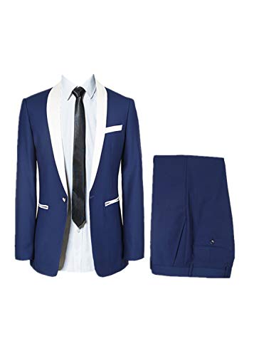 HOTK Hombre Sólido 2 Piezas de Solapa de mantón Blanco Slim Fit Trajes de Boda Novio Esmoquin para Hombres Cover