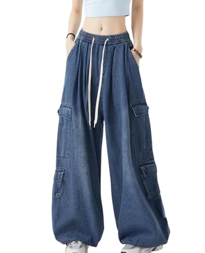Cargo Jeans for Women Men Baggy Cargo Pants High Waisted Wide Leg Drawstring Pants Casual Grunge Streetwear