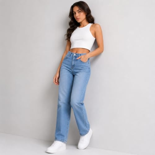 Image of Women's High Waist Straight Fit Jeans | Light Blue Denim Jeans