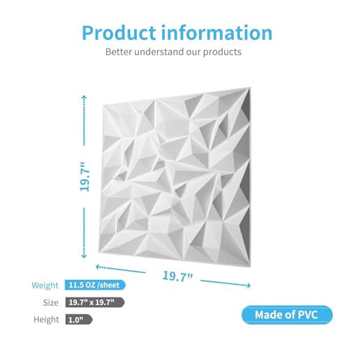 Image of Kayra Decor 3D PVC Wall Panels - Small Diamond Design, White Color 19.7 inch x 19.7 inch (Pack of 6) - Covers 16.17 Sq. Ft.