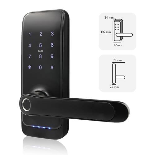 EURA ELH-01H4 Smartes Türschloss mit Griff, Codeschloss, 13,56 MHz Näherungsleser, biometrisches Lesegerät, App TTLock/TTHotel, IP65, universeller Riegelabstand, schwarz