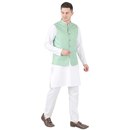 Image of TAHVO Men's Nehru Jacket /Waistcoat /Modi Jacket Cotton Fabric /Men 's 5 Button Nehru Jacket with Hanky Kurta Set