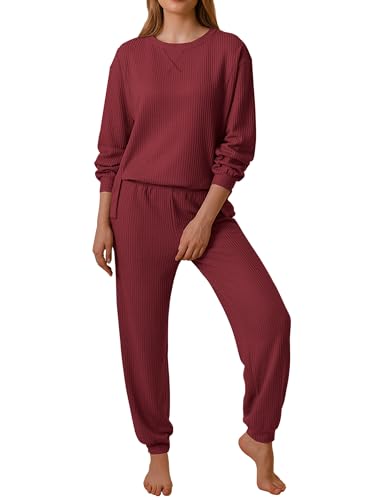Ekouaer Waffle Knit Lounge Sets for Women Long Sleeve Pajamas Set with Pockets 2 Pieces Outfits Top and Pants