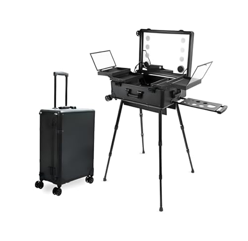 ロ用メイクボックス 鏡付き、LEDライト 化粧箱 、キャスターが4個付属しています3色光源 ミニドレッサー、プロフェッショナル3 in 1ロック可能なアルミニウムメイクアップケース、ビューティーサロンや旅行用