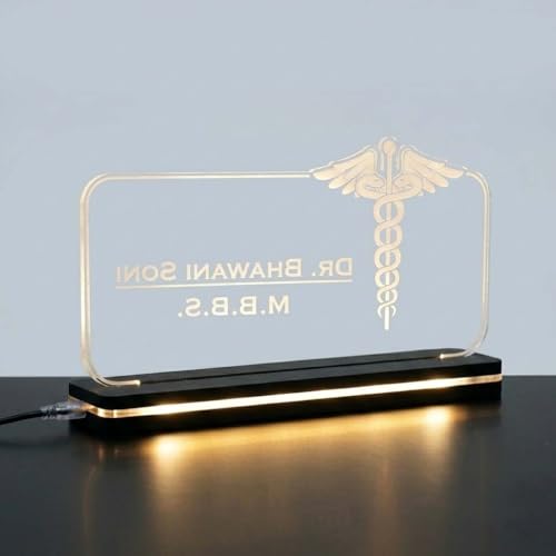 Image of Customized Laser Marking Signage Name Plate For Table Stand, For Doctor, For CA, For Dentist, For Office, Warm White Light (6x8 Inch)