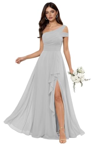 SEPT PRETTY Formal Evening Prom Gown for Women Silver Chiffon A Line Floor Length One Shoulder Ruffle Bridesmaid Dress Size 12