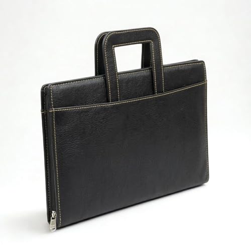 Image of STREPE ZK Black Leather File Organizer Bag with Handle, Zipper Portfolio Folder for Documents, Certificates, Cards & Tablet, Office Business Travel Case for Men & Women