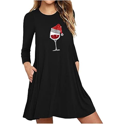 LUSHAasd Wine Christmas Dresses for Women UK 2022 Long Sleeve Crewneck Holiday Party Dress Plus Size Casual Pocket A Line T Shirt Dress Cover