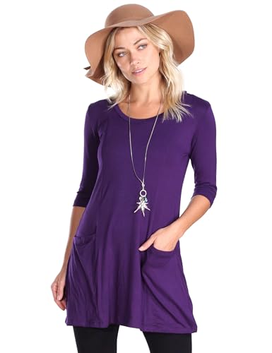 Popana Women’s 3/4 Sleeve Tunic Top – Scoop Neck Long Tunic Shirts to Wear with Leggings with Pockets, Eggplant, X-Large