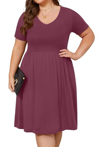 Image of DB MOON Women Plus Size Dresses 2026 Summer Casual V Neck Short Sleeve Knee Length Dress with Pockets