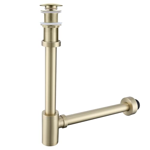 RANDOM Brushed Gold Brass Round Bottle P Trap Kit with Pop Up Drain Stopper without Overflow.RD83888BG-L-S8
