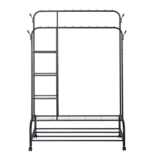 Miniatura 8 de Perchero Burro Doble Con Estructura De Metal Resistente, Estantes Laterales, Zapatero Inferior Y Ruedas Giratorias Organizador Móvil Ideal Para Ropa, Zapatos En Dormitorio O Vestidor Negro