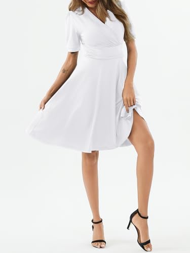 Image of Women's Summer Casual Dress Short Sleeve Wrap V-Neck A-Line Dress Sundress Wedding Guest Cocktail Midi Dresses