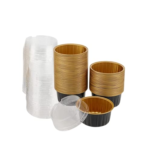Paquete de 100 tazas de postre con tapas, tazas de aluminio para hornear, mini moldes desechables para magdalenas para bodas, cumpleaños, contenedores individuales de postre, color negro